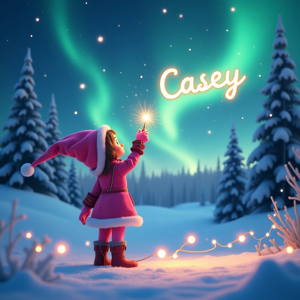 A cheerful pink scout elf stands with their back to the viewer, gazing up at the magical northern lights in a winter landscape. The elf is dressed in a pink outfit and uses a wand to write the name 'Casey' in the sky. Snow-covered trees create a beautiful backdrop, while twinkling lights can be seen in the foreground. The atmosphere is festive and joyful, evoking the spirit of the holiday season. This enchanting scene captures the magic and wonder of Christmas, making it perfect for decorations and greeting cards.