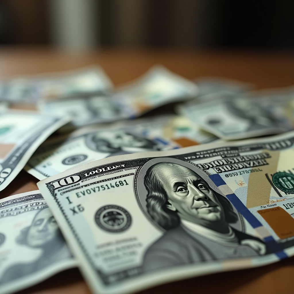 Crisp 100-dollar bills scattered on a wooden surface with a focus on one bill.