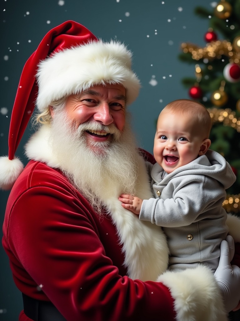 Santa Claus holds a smiling baby. Santa wears a traditional red suit. The background features a decorated Christmas tree and snowflakes. The scene conveys festive cheer.