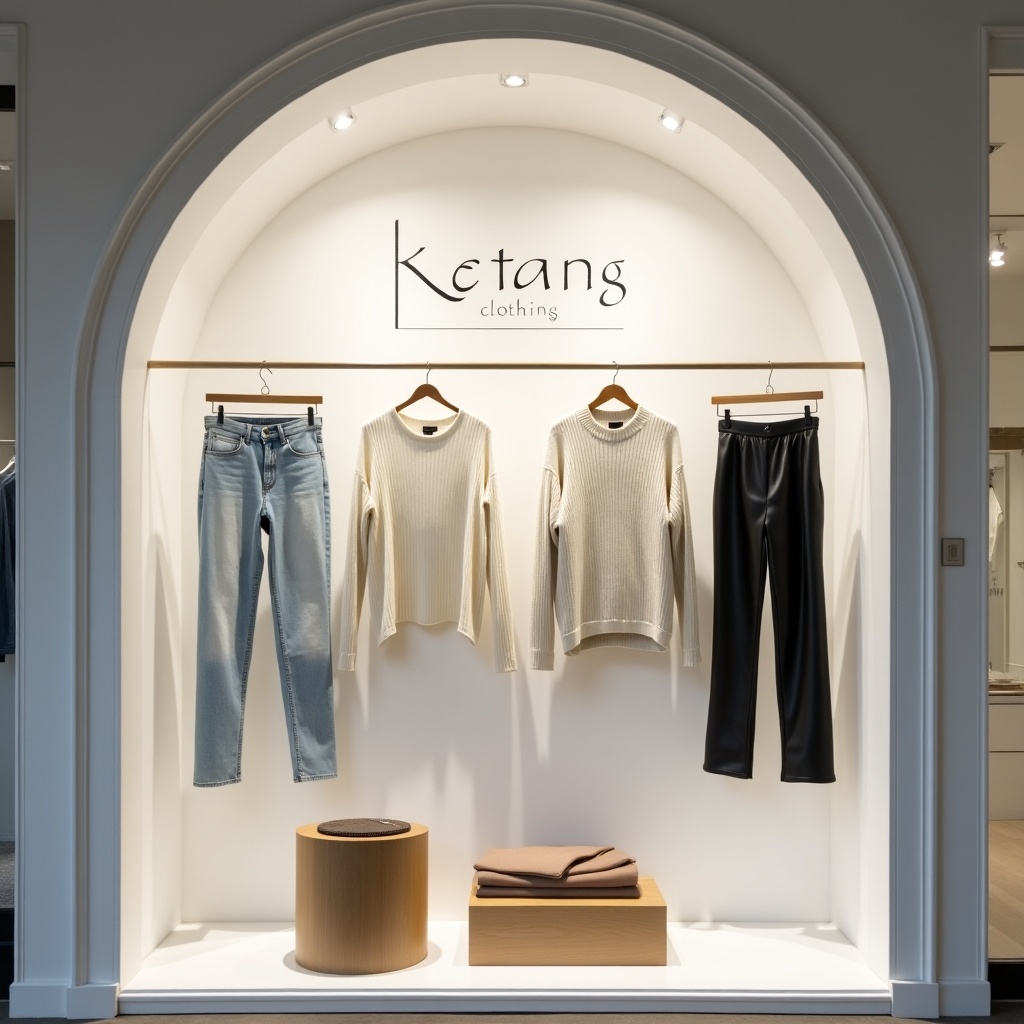 This image features a modern style elegant exterior with a glazed arched storefront display. The walls are daylit white, creating a bright and inviting atmosphere. Modern track lighting highlights the four pieces of clothing arranged on light oak wood hangers. The first piece is a pair of pistola women's denim in light blue. Next, there is a light white women's denim. A nadam light cream sweater follows, and finally, a pair of black shiny leather pants completes the display. At the bottom, a small wood podium showcases a folded light brown women's pant and a rib knit jumper. A modern white sign with the lettering 'Ketang Clothing' adds a stylish touch to the back of the display.