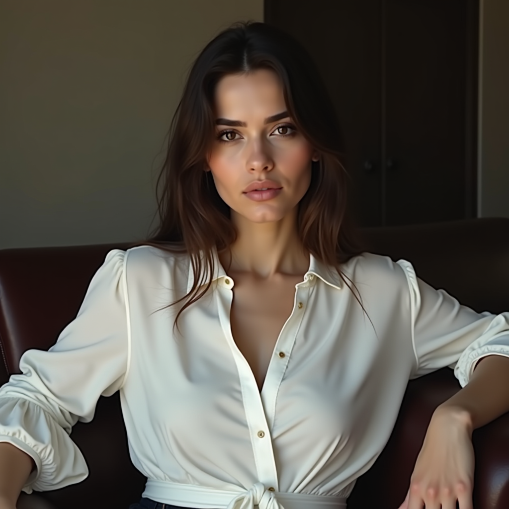 A woman in a white blouse sits confidently on a leather chair.