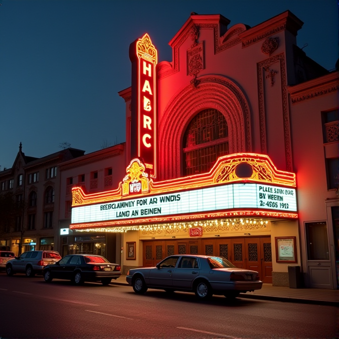 A classic movie theater with a bright neon sign and marquee, illuminated at dusk.