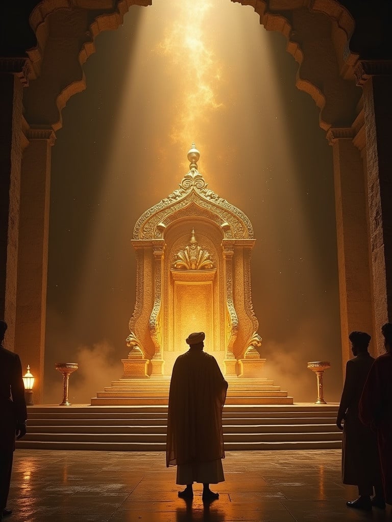 A golden throne is illuminated by divine light. It is in the middle of a dark cave. A sacred ancient book rests on a pedestal beside the throne. Maharaja Vikram Singh approaches the throne with reverence. His companions stand around in awe.