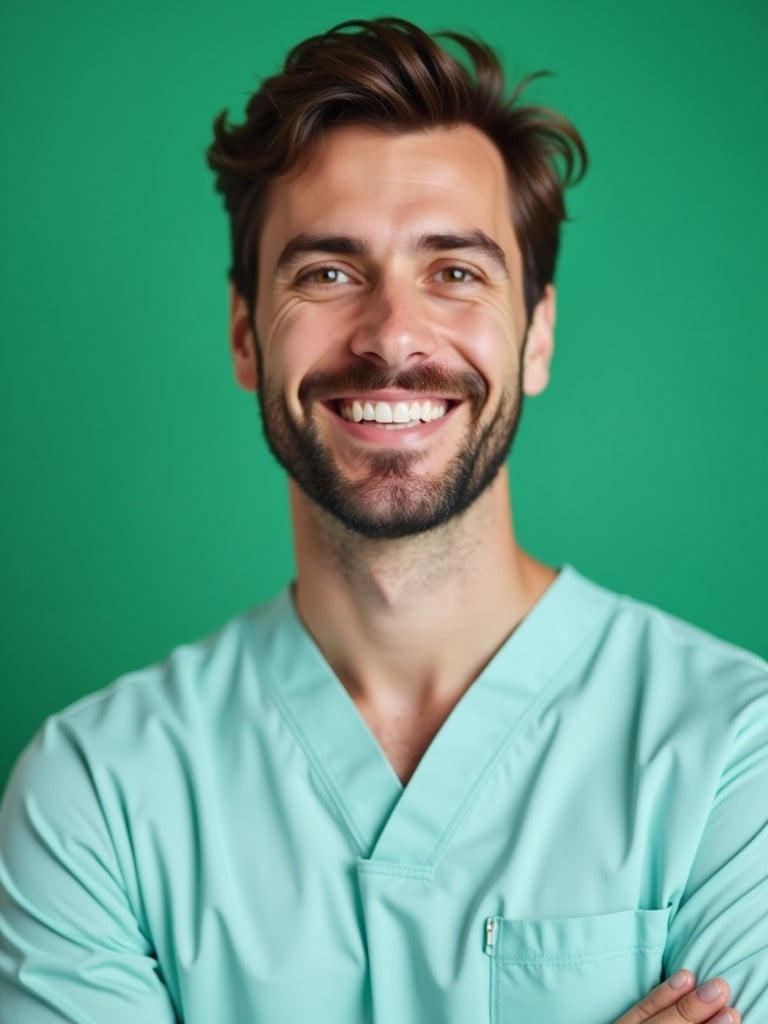 Male dentist wearing scrubs stands in front of a green background. Strong focus on the dentist's professionalism and healthcare ambiance. Light and clear environment suitable for dental themes.