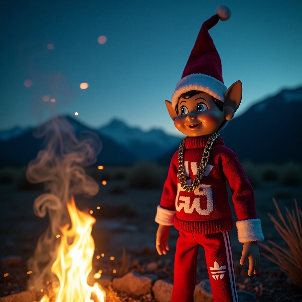 A whimsical Christmas scene features a toy elf character known as Snoop on the Stoop. The elf sports a distinctive red and white Santa hat, an ugly Christmas sweater, and red Adidas pants. He stands proudly near a campfire, which illuminates the surroundings under a clear night sky. In the background, majestic mountains provide a stunning contrast. Wisps of smoke from the fire gracefully spell out the name 'Clay', adding a personal touch to the festive atmosphere. This playful scene captures the spirit of holiday fun and creativity.