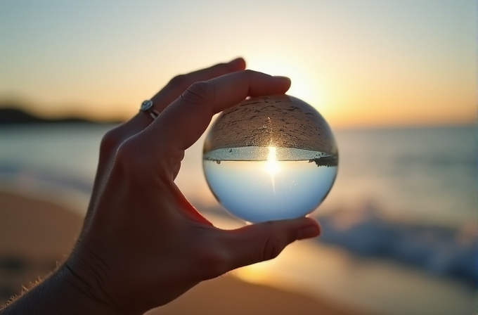 A hand holds a crystal ball capturing an inverted reflection of a beach sunset, with the sun brightly centered in the horizon.