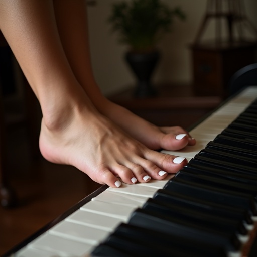 A woman's feet elegantly placed on piano keys. The image captures the beauty of white toenail polish against the black and white piano. Side view highlights the graceful connection of the feet to the piano. No hands are present in the frame.