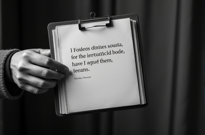 A monochrome photograph shows a hand holding a clipboard with an abstract, blurred text.