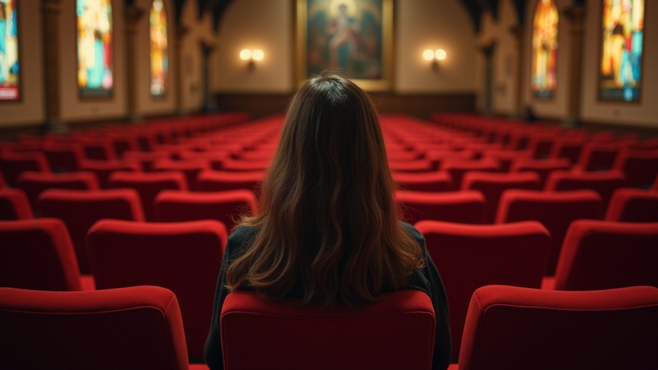 This image captures the back of a woman sitting alone in a large, empty theatre or auditorium. The red seats stretch out symmetrically, leading the viewer's eye toward an artwork displayed at the front. The lighting is warm, coming from wall sconces, and the space is framed by stained glass windows, suggesting a sacred or ceremonial atmosphere.