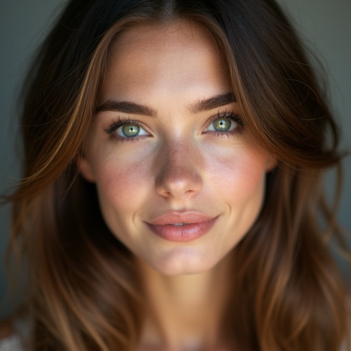 Pretty young woman with striking green eyes and brown hair. Soft lighting enhances natural beauty. Portrait style with focus on facial features.