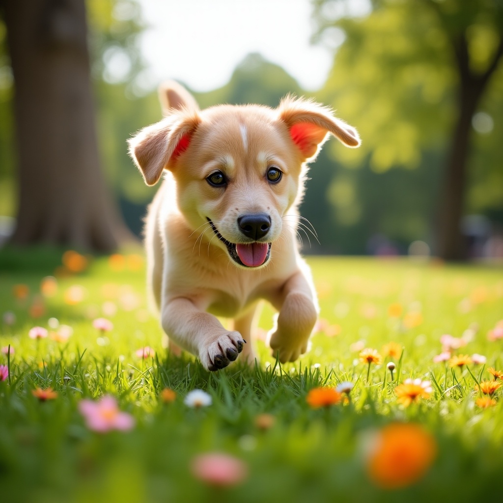 A playful dog standing in a grassy field surrounded by small flowers. The dog has an obscured face but shows a joyful stance. Natural sunlight creates a warm atmosphere with vibrant colors.