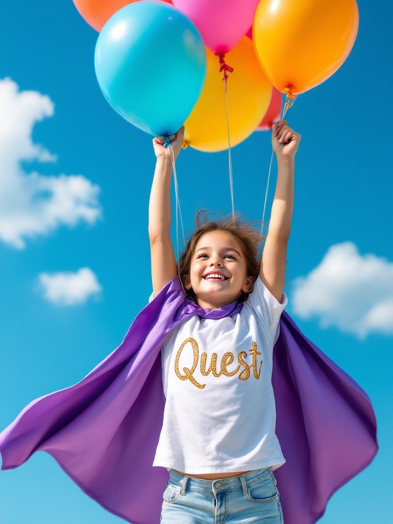 Image of a 5-year-old girl joyfully holding colorful balloons. She wears a purple cape. Her shirt has the word 'Quest' in gold. Background features a bright blue sky with clouds.