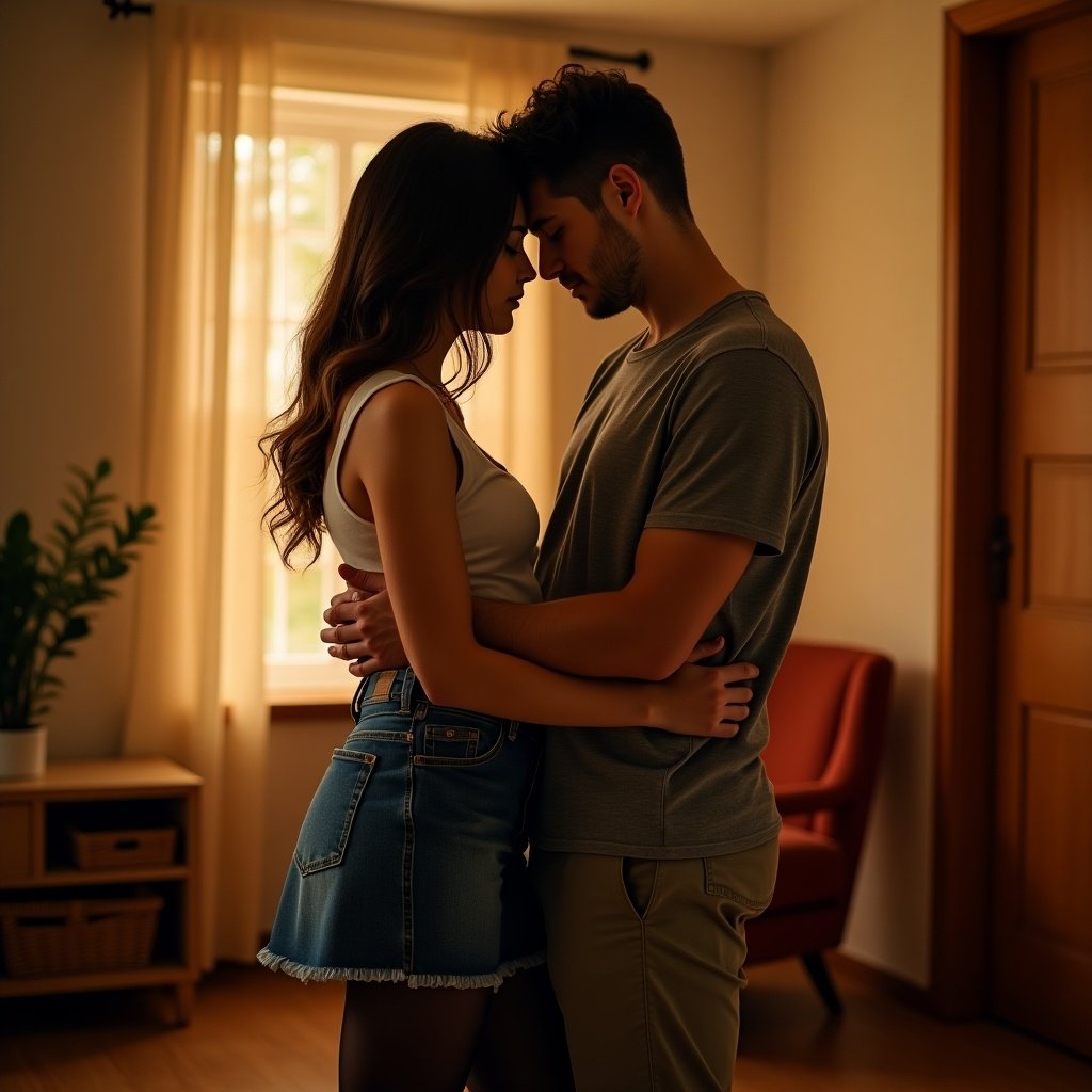 Cozy softly lit room. Couple stands closely together showcasing intimacy. Woman wears stylish denim skirt and black pantyhose. Man is casually dressed in gray shirt and pants. Embrace from behind with heads resting against each other. Warm colors enhance tender atmosphere. Image conveys sense of partnership.