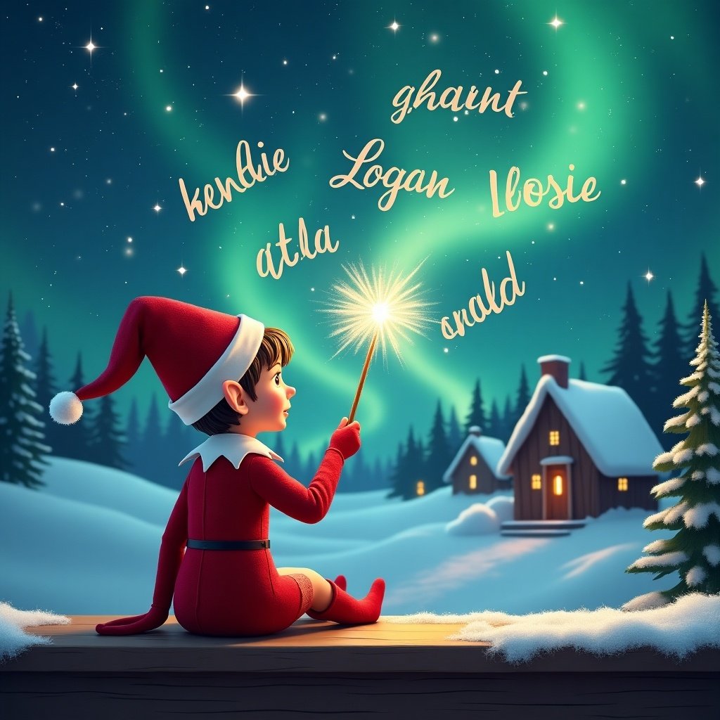 An adorable elf in a red outfit sits on a wooden ledge, holding a sparkling wand. The elf gazes up at a magical, starry sky illuminated by Northern Lights. Using the wand, the elf is writing names like 'kenzie' and 'logan' in shimmering lights. The backdrop features a cozy, snowy landscape with small houses and evergreen trees. This scene perfectly conveys the enchantment and joy of childhood during the Christmas season.