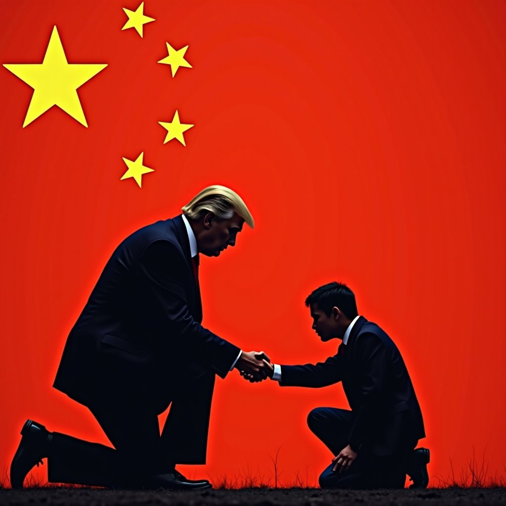 Trump kneels while shaking hands. Chinese flag is in the background. High contrast silhouette style. Strong political theme.