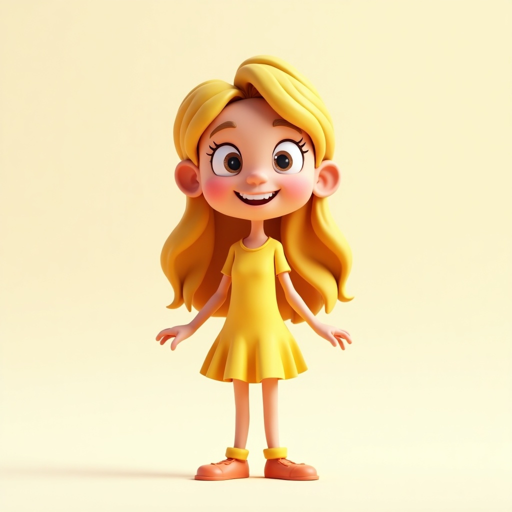 3D cartoon character of a young girl wearing a cheerful expression. Dress in yellow color. Hair reaches waist. Full-body pose exuding joy.