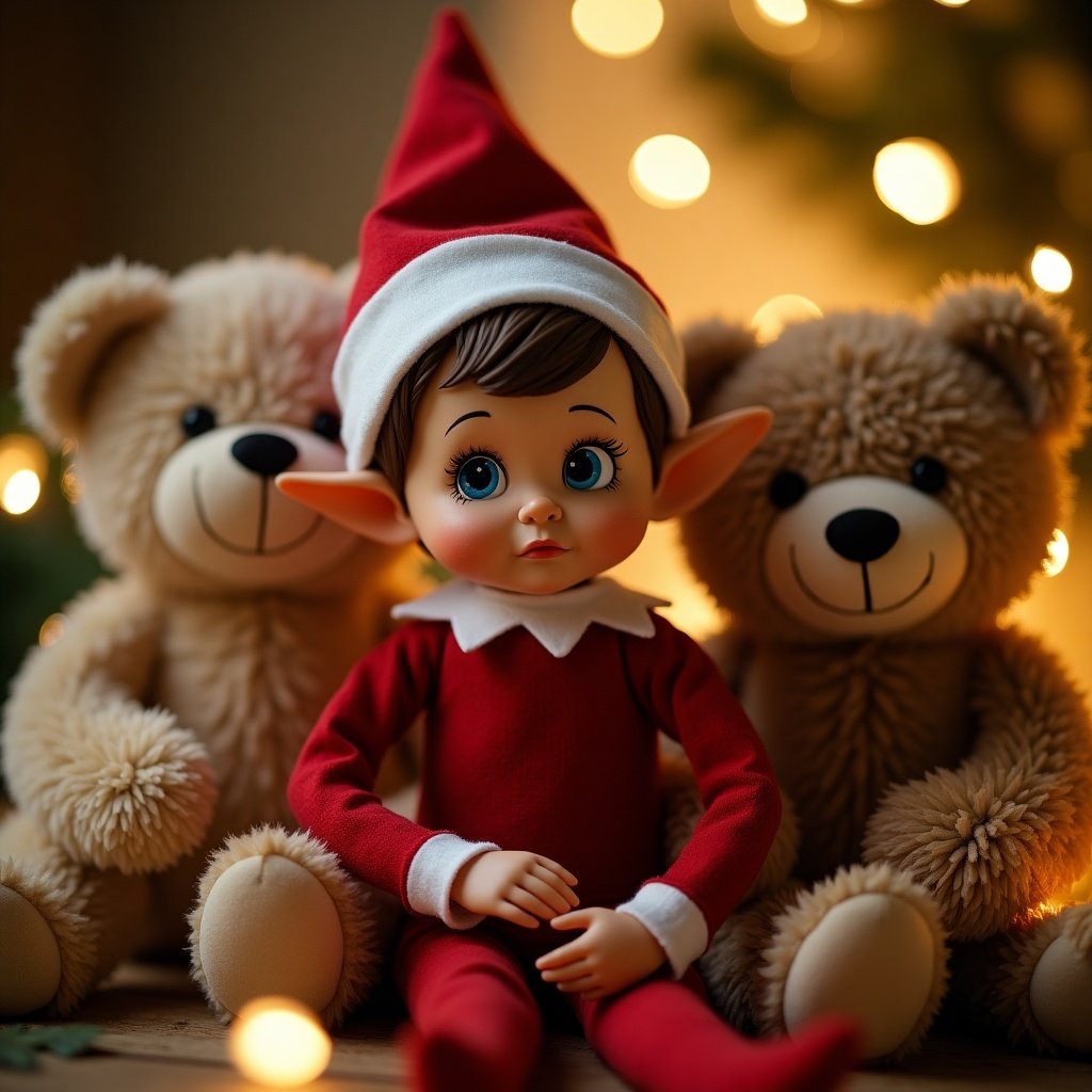 A sad elf doll with big eyes and a Christmas hat is surrounded by teddy bears. The background features twinkling Christmas lights. The image has a soft focus with a warm atmosphere.