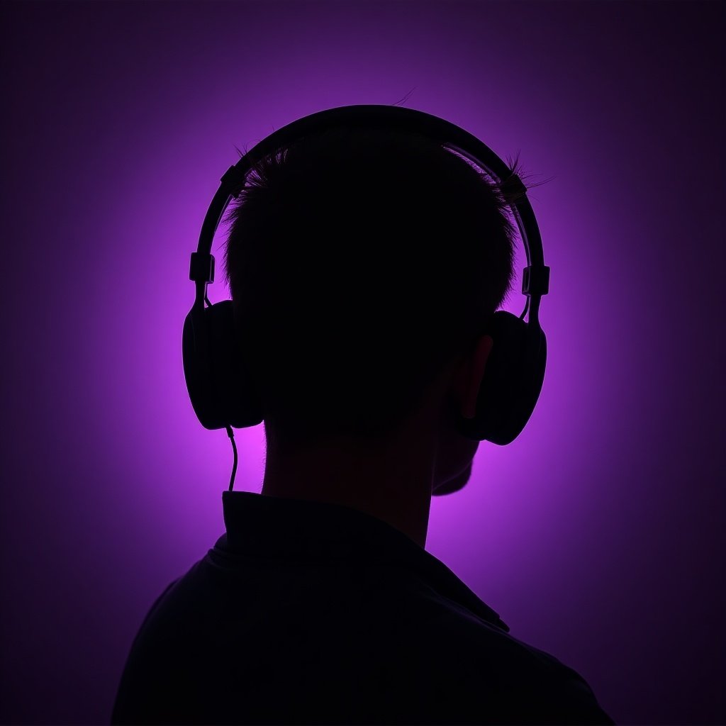 This image features the back of a person's head adorned with headphones. The background is a rich purple hue, casting a soft glow around the silhouette. The individual is in a relaxed position, presumably listening to music or engaged in audio work. The contrast between the dark foreground and vibrant background creates an appealing visual effect. This composition conveys a sense of concentration and immersion in sound, making it ideal for content related to music or technology.