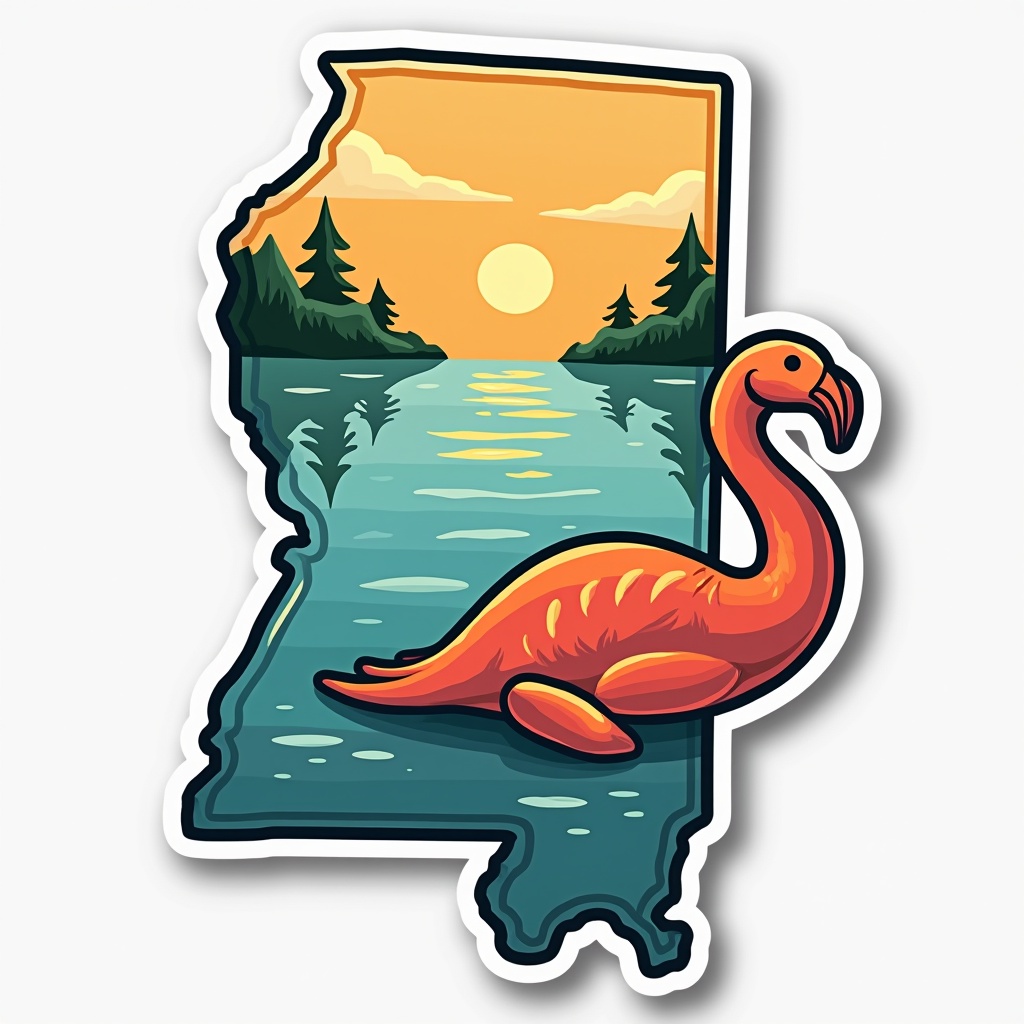 Create a fun sticker illustration shaped like the state of Mississippi. The design features a vibrant sunset background with hues of orange and yellow. In the foreground, a whimsical creature resembling a dinosaur or a mythical beast lounges in a stylized lake. Pine trees frame the scene, creating a picturesque landscape. The overall color scheme should be bright and eye-catching, perfect for a playful souvenir.