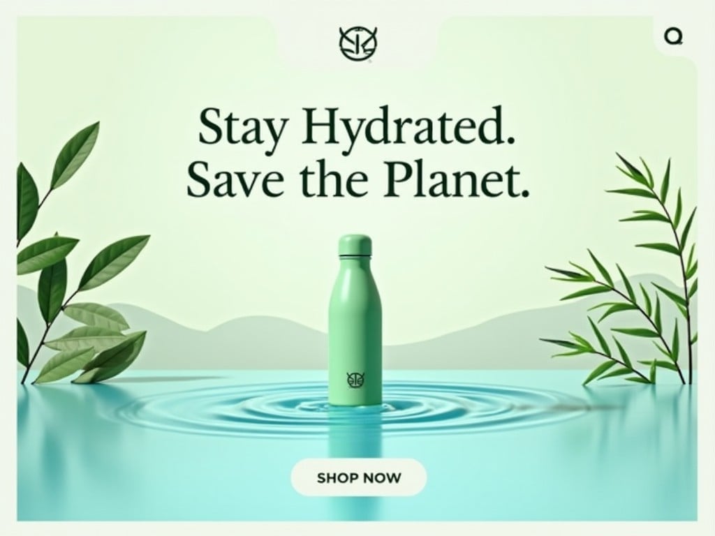 The image promotes a sustainable lifestyle through a green water bottle sitting on a tranquil surface of water. The text encourages viewers to stay hydrated and save the planet. The soft colors and calming design evoke a sense of peace and environmental consciousness. The layout directs potential customers to shop now. Promoting a lifestyle that prioritizes health and sustainability, this image appeals to eco-conscious consumers.