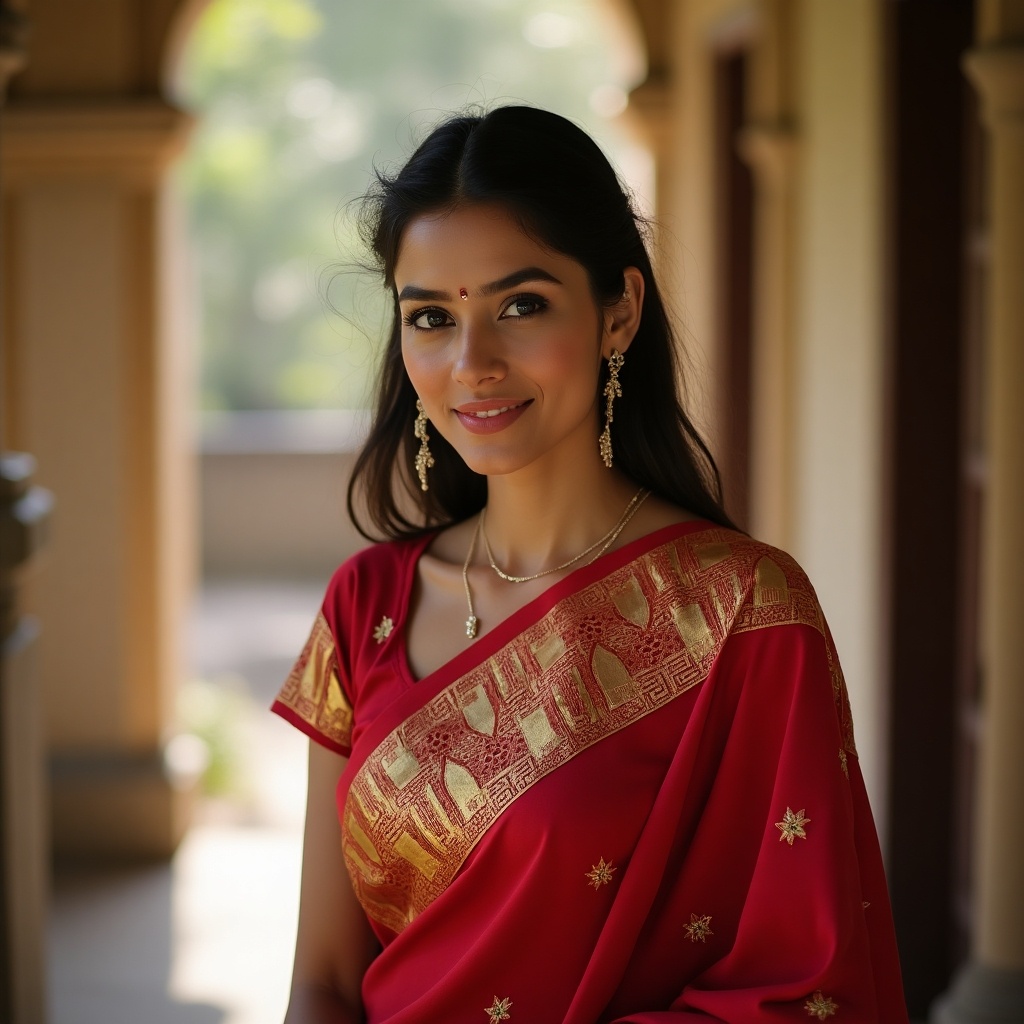 Indian woman dressed in a traditional saree. She stands in a historical architectural setting. The saree is elegantly designed with gold accents.