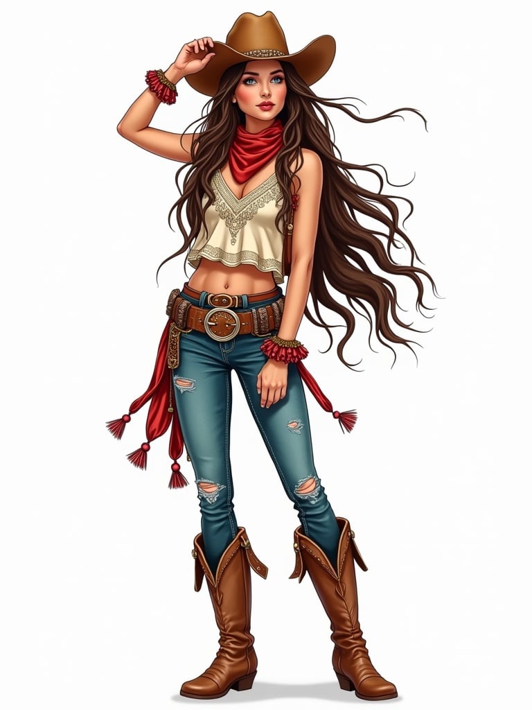 Clipart of a rodeo cowgirl in a hand-drawn boho style. The cowgirl wears a cropped top with frills and denim jeans. Accessorized with a red scarf and bracelets. Brown cowboy boots complete the look. Image is isolated on a white background.