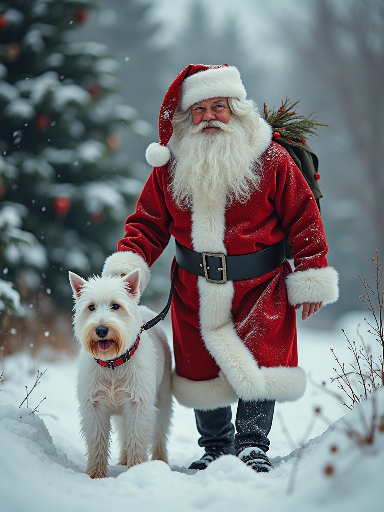 Santa wearing a red suit with a white beard. Snow covers the ground. A highland terrier beside him. Christmas tree in the background decorated with ornaments. Snowflakes falling softly.