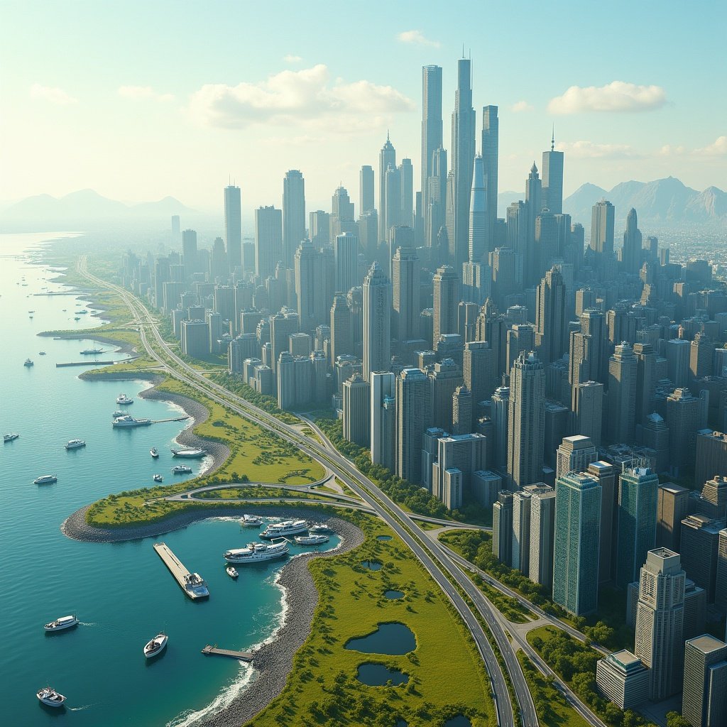 Aerial view of a modern coastal city with numerous skyscrapers and suburban sprawl. The scene includes grassy areas and highways. The city is situated on a flat plain by the water, showcasing ports and elevated highways typical of American cities.