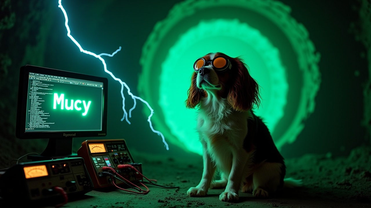 In a dark and eerie bunker, a fluffy Cavalier King Charles Spaniel is sitting next to a glowing portal to another dimension. The dog is wearing welding goggles. Next to the dog, there are oscilloscopes and multimeters displaying signals. Lightning lights up the scene, adding to the eerie scientific atmosphere, while highlighting the dog's expressive face. This image perfectly blends the themes of technology, discovery, and pet companionship. A computer screen displays the text 'Mucy' in a glowing green font.