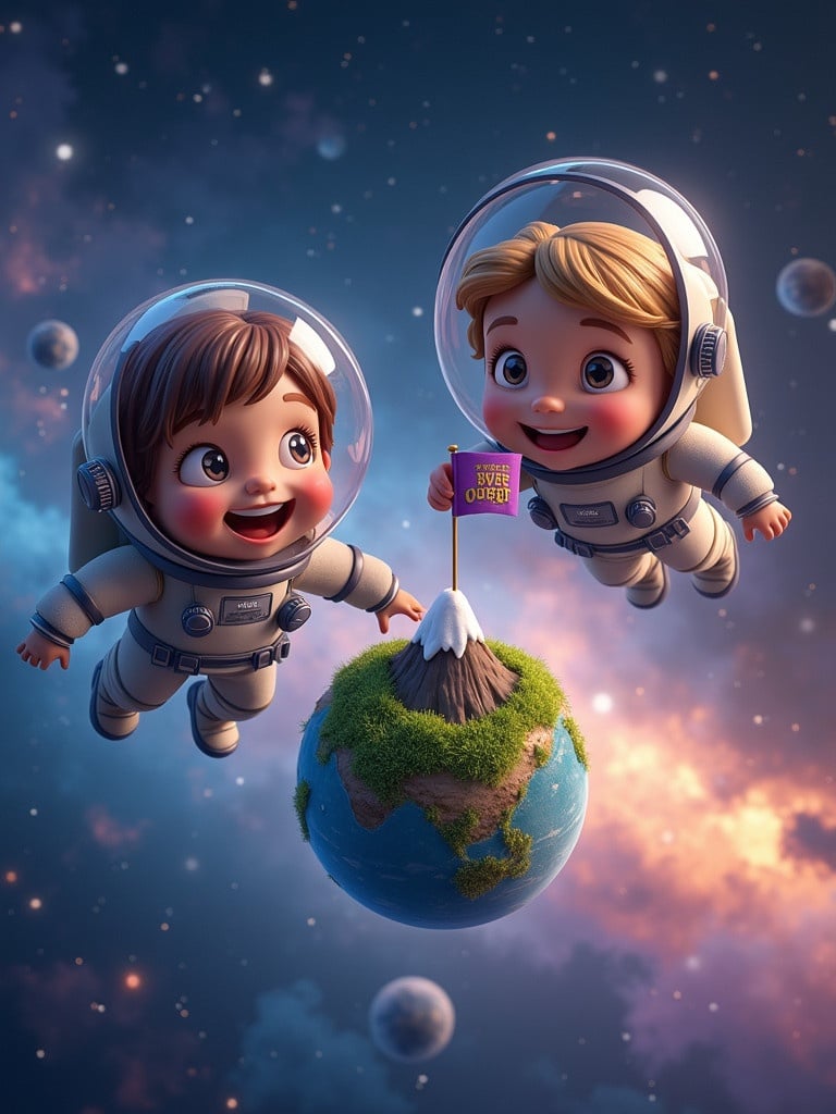 Scene captures joy of childhood imagination. Two children float in space. They wear astronaut suits. A tiny planet with a mountain is in the center. The mountain has a snowy peak. A purple flag with Quest in gold is planted on the snow. Background features stars and colorful nebulae. Children's expressions show pure delight and curiosity. They are explorers discovering a little universe.