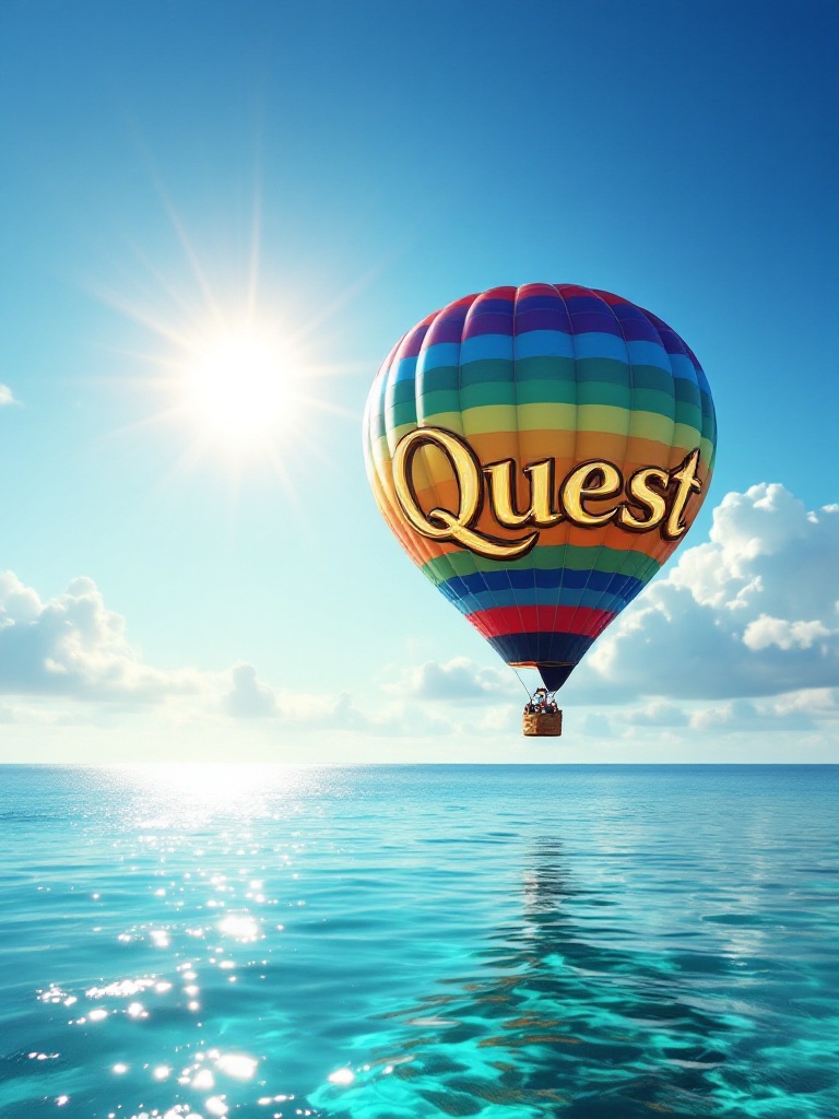 A vibrant hot air balloon floats over clear turquoise waters. The balloon has colorful stripes and the word 'Quest' in shiny gold letters. A bright sun shines in a clear blue sky. Soft clouds are visible on the horizon. The water reflects sunlight gracefully.