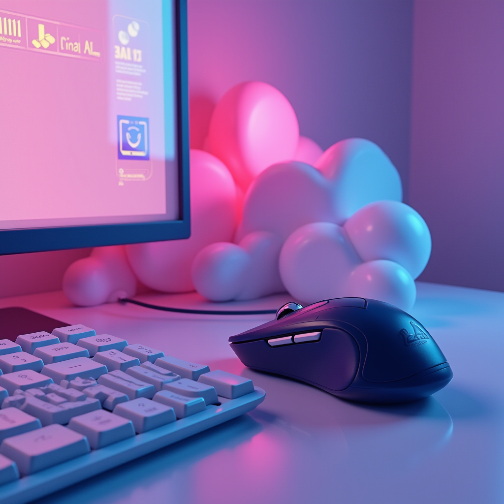 A sleek computer mouse and keyboard sit on a desk with a glowing pink and blue monitor.