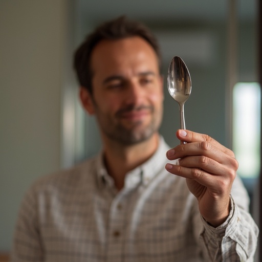 Image of a man taking a selfie with a spoon in hand. Natural indoor setting with a casual vibe. The focus is on the man’s hand and the spoon being held up. Light and soft background with a professional touch.