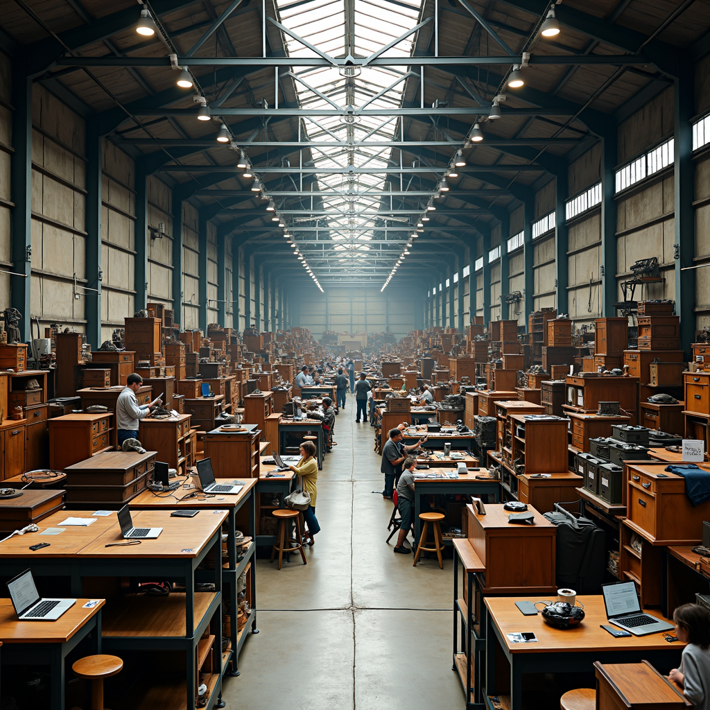 An expansive industrial warehouse filled with rows of desks, each occupied with people working on laptops and surrounded by vintage filing cabinets.