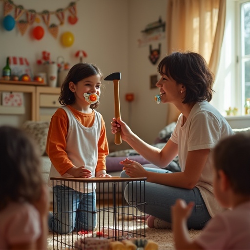 A playful scene shows a mother and her children. One girl lies her head on a stool. The mother holds a toy axe. Other siblings are locked in a small cage waiting their turn. The mother wears a mask. The atmosphere feels fun and lighthearted.