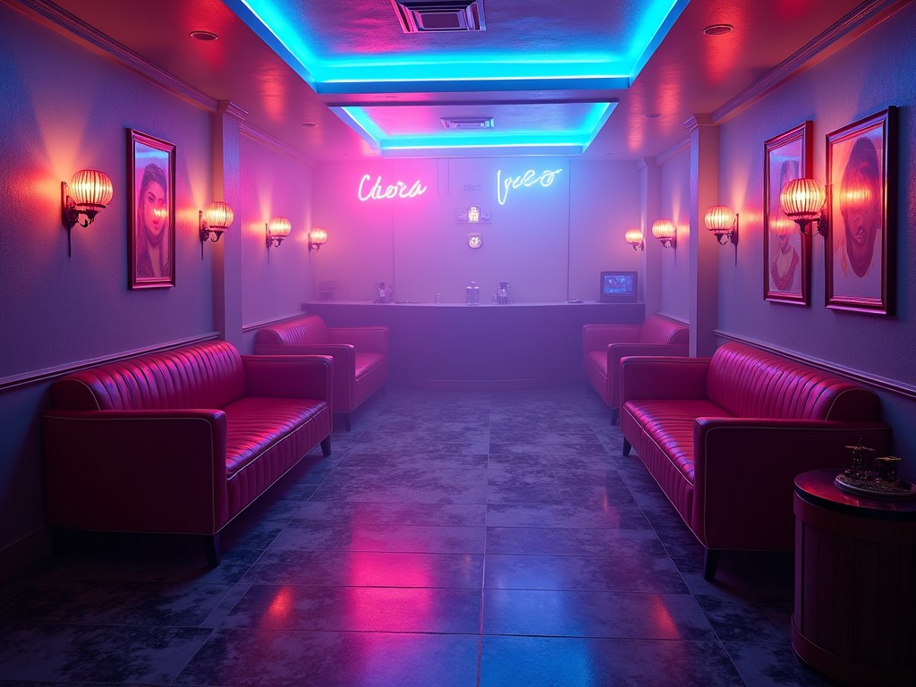 This image showcases a wide shot of a retro-styled disco club filled with vibrant neon lights. The color palette features dark purple and sky blue tones that create a lively atmosphere. Soft neon pink and yellow accents complement the main colors, enhancing the retro feel. Celebrity portraits adorn the walls, adding a cinematic touch reminiscent of classic nightlife visuals. The lighting is carefully designed to evoke a mix of nostalgia and contemporary vibes, making it perfect for social media content or event promotions.