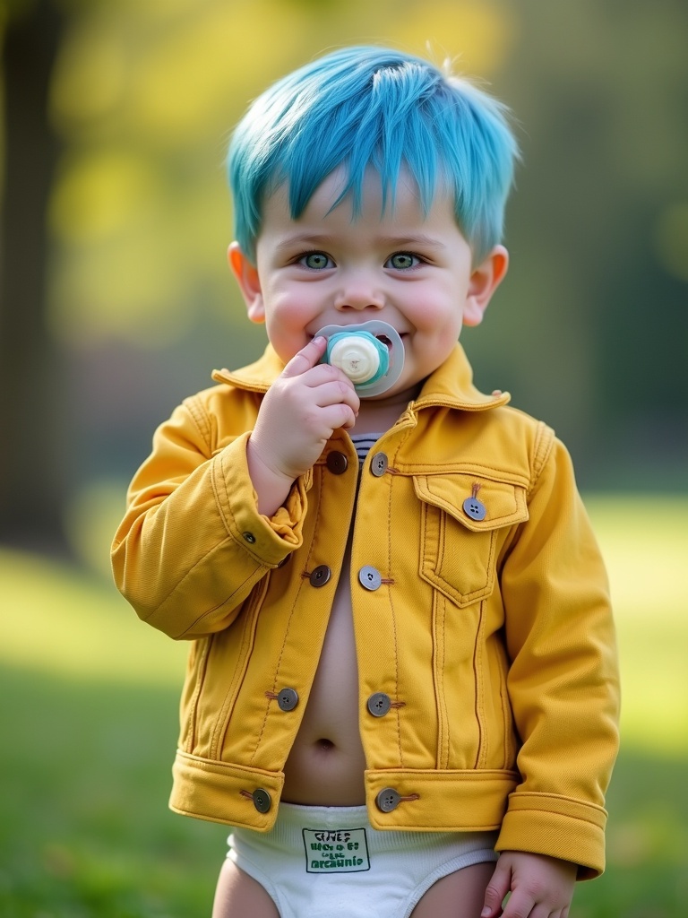 Seven year old boy with short blue hair emerald green eyes. Wearing yellow denim jacket and diapers. Smiling holding a pacifier at park.