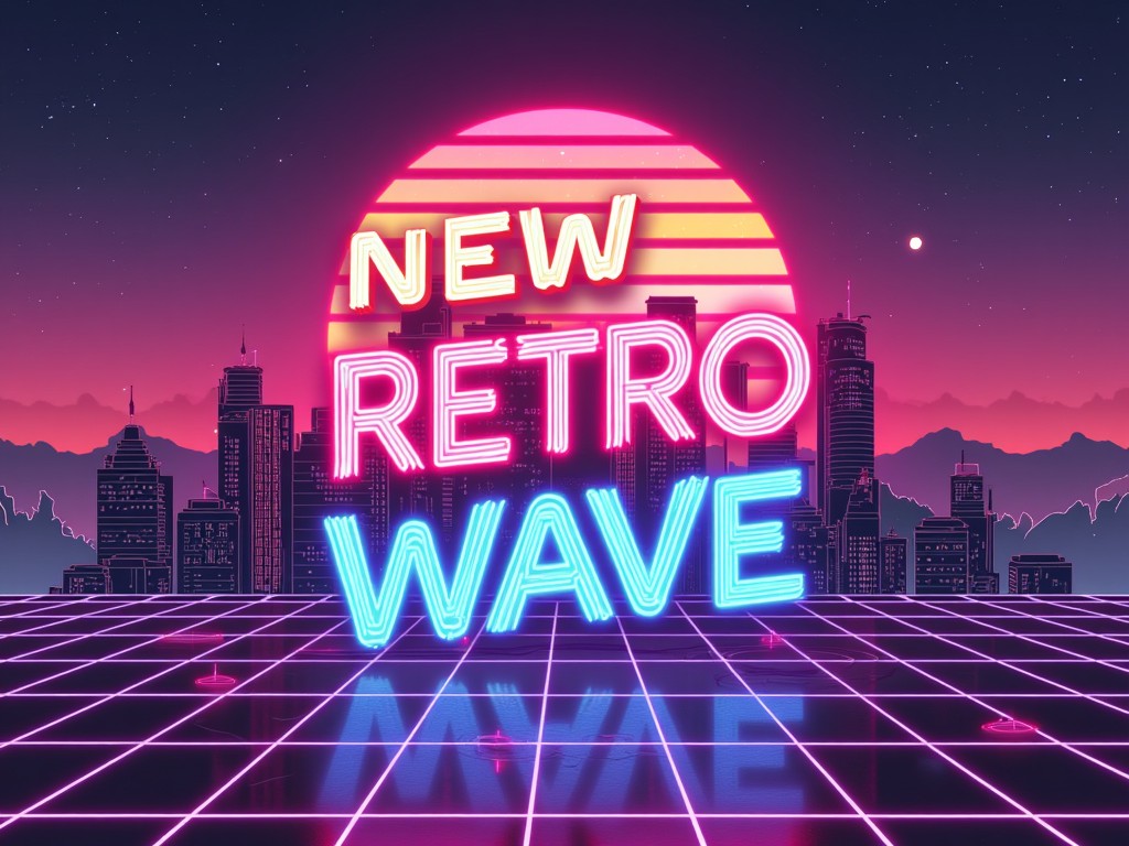 A neon-lit cityscape with a retro wave theme, featuring bold pink and blue neon text against a futuristic skyline and a sun setting behind the buildings, with a grid-like road leading into the horizon.