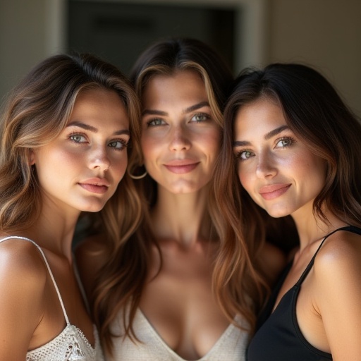 Three young women in their twenties are posing closely together. They have beautiful hairstyles and outfits. The setting is bright and cheerful. Their expressions convey warmth and friendship.