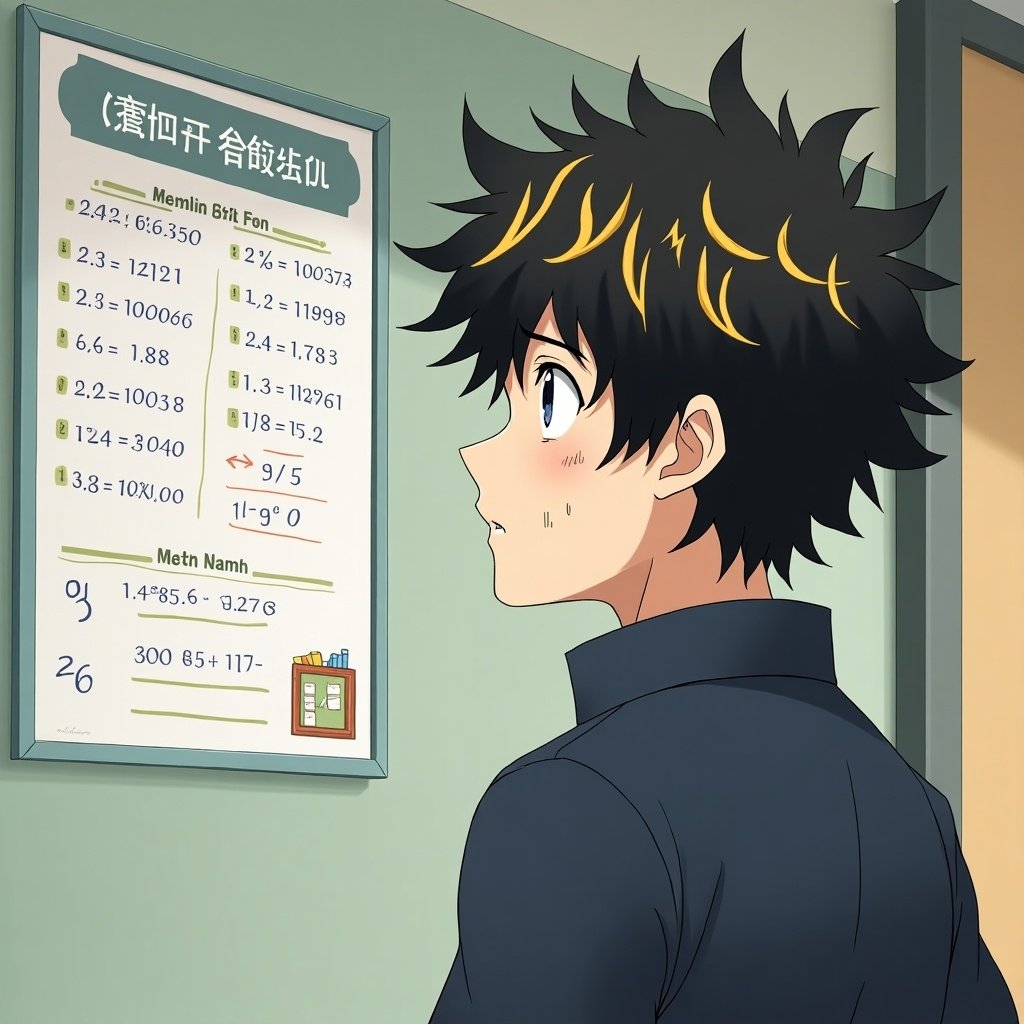 Anime character with curly hair has black and blonde highlights. Character has a scar on the right side of his face. The character is in a school hallway reading a math competition poster on the wall.