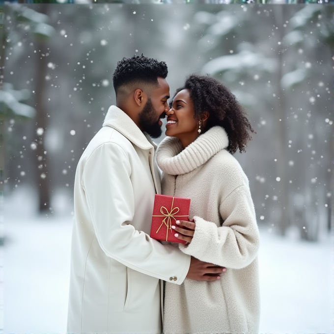 A couple stands closely together in a snowy forest, holding a red gift box tied with a gold ribbon, exuding warmth and love.