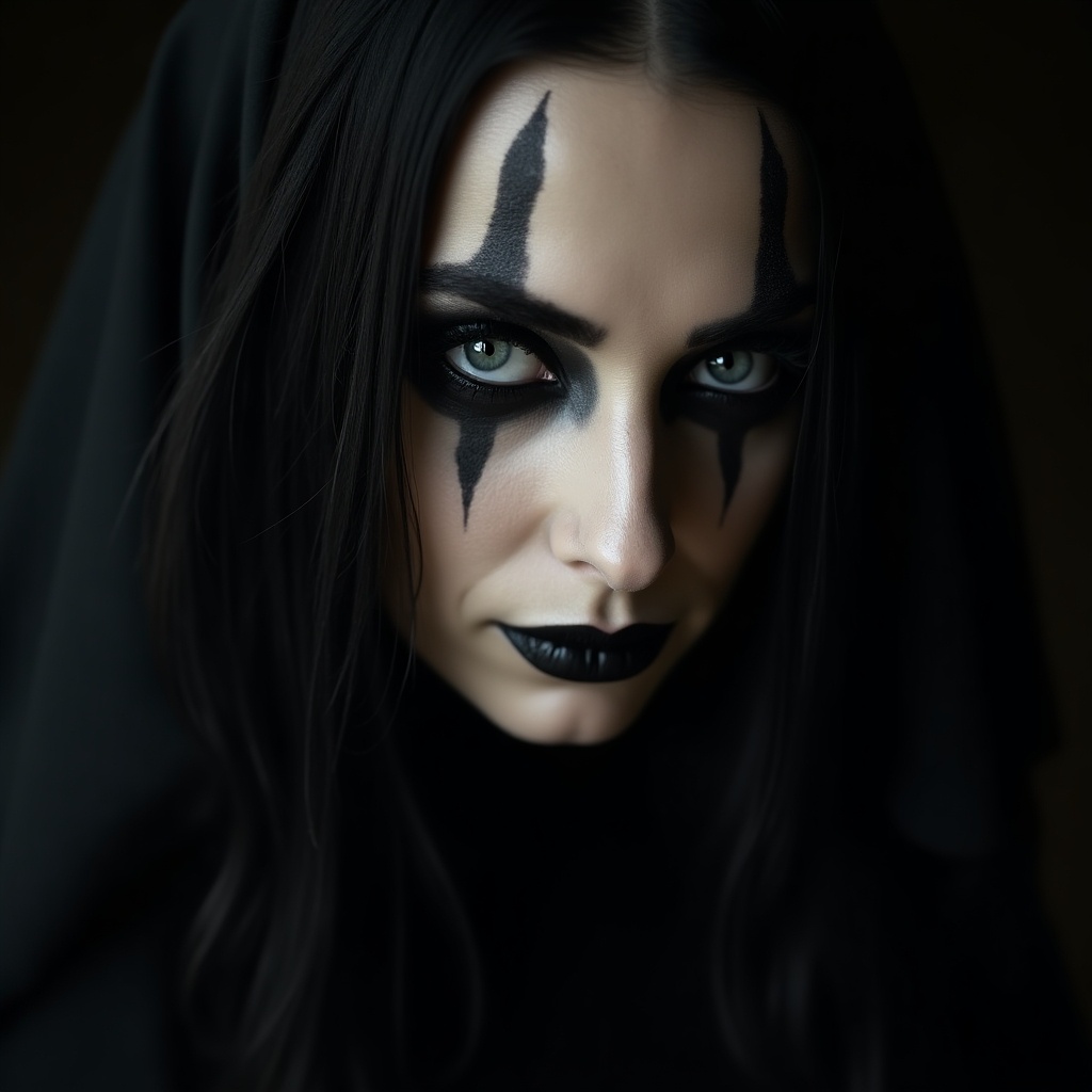 The image features a gothic lady with dramatic eye makeup. Her eyeline runs heavily down her face, creating an intense and captivating look. She tilts her head downwards while her striking eyes engage with the camera. A slight smirk adds a layer of mystery to her expression. The overall atmosphere is dark and moody, enhancing the gothic aesthetic of the portrait.