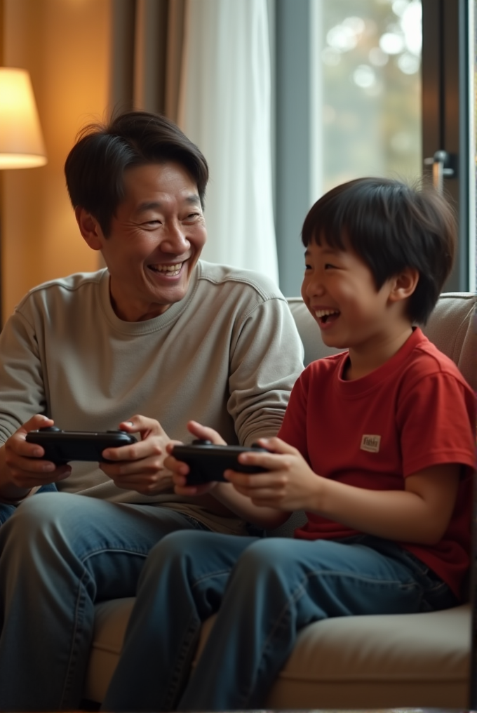 A father and son smiling while playing video games together on a couch.