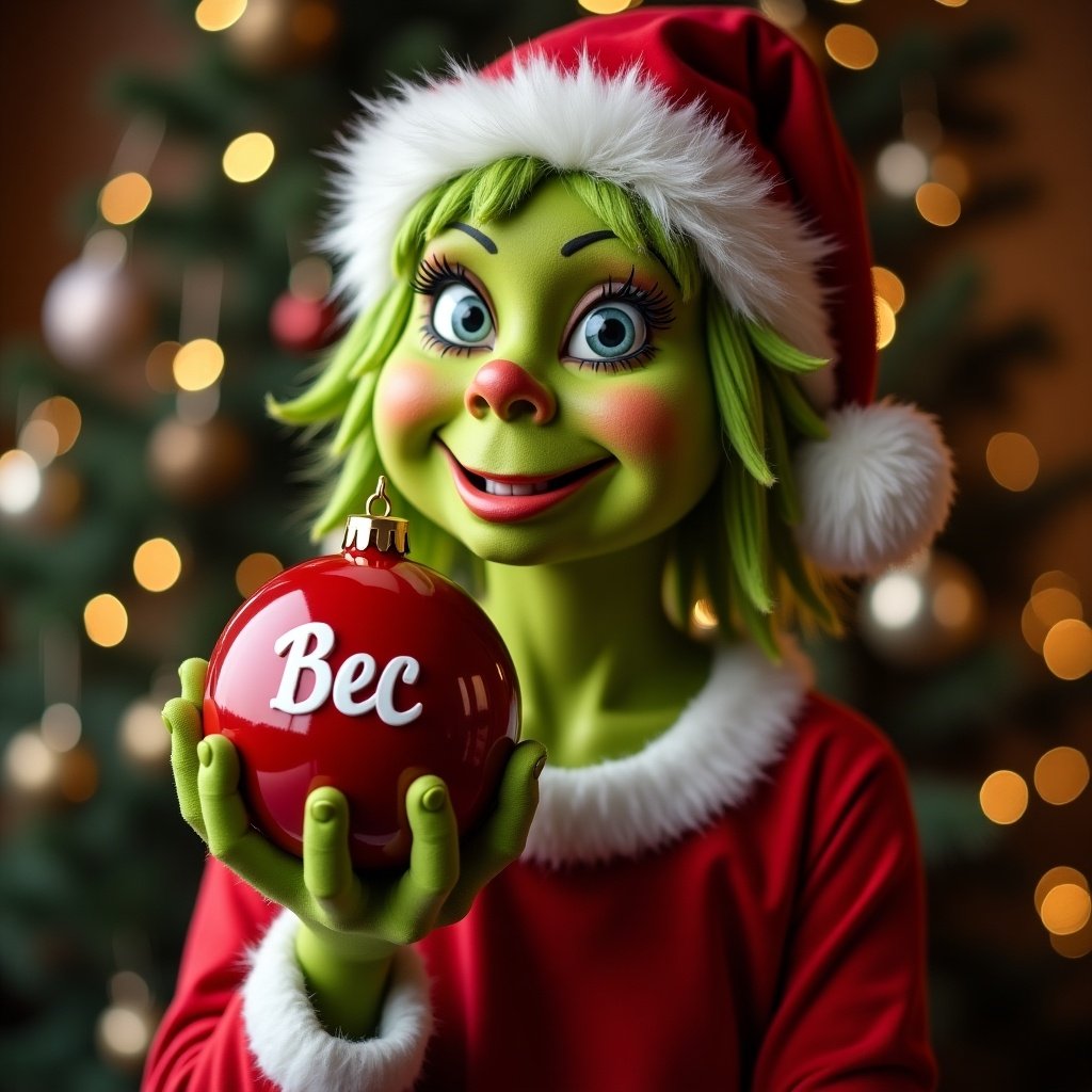 Cute grinch girl in her 30s holding a bauble with the name bec on it. Background features a Christmas tree.