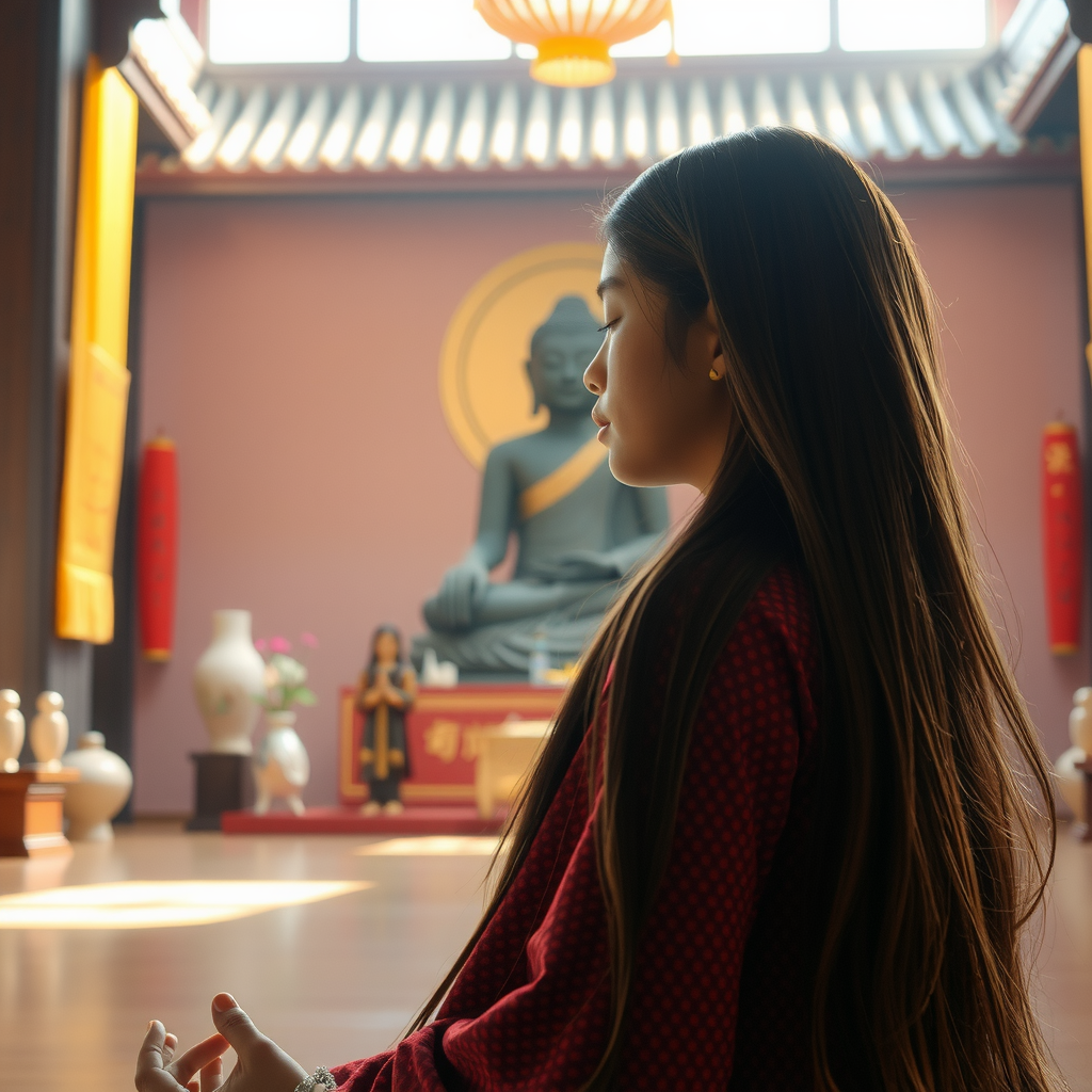 A serene moment of meditation in a sunlit temple hall with a Buddha statue.