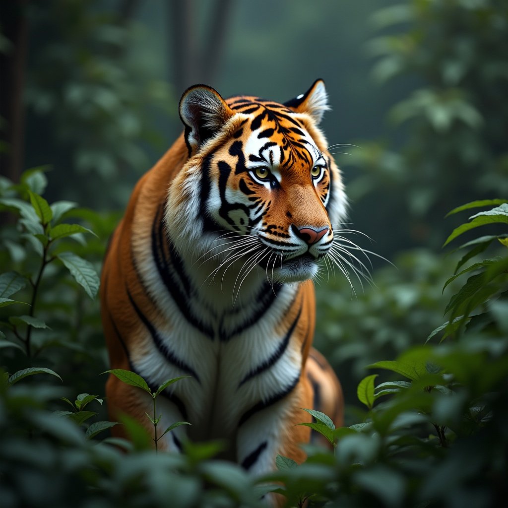 A tiger in a jungle. The tiger appears focused and alert among the lush greenery. The background is soft and blurred, highlighting the tiger's striking features.