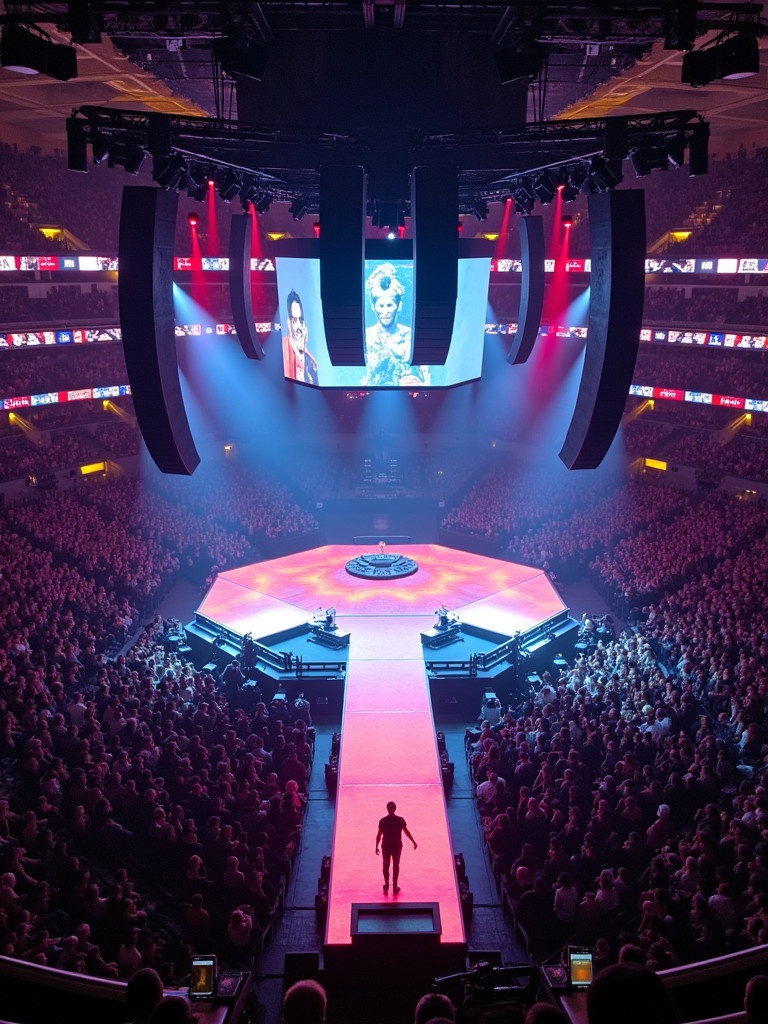 A Travis Scott concert at Madison Square Garden features a 360-degree stage design viewed from a drone. The stage has a prominent runway leading to the audience. Spectators fill the arena, surrounded by vibrant lighting.