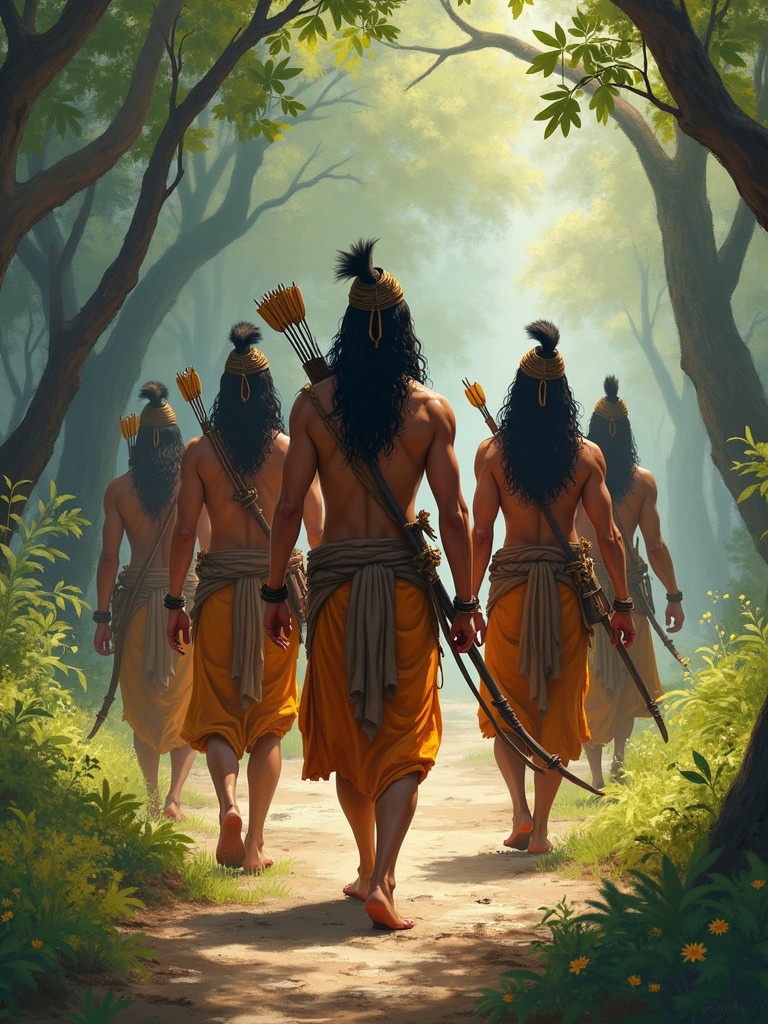 Five Hindu warriors walk through a sunlit forest path. Each warrior wears traditional attire with bows and arrows. Strong and determined expressions are visible on their faces. The atmosphere is peaceful yet powerful with trees surrounding them.