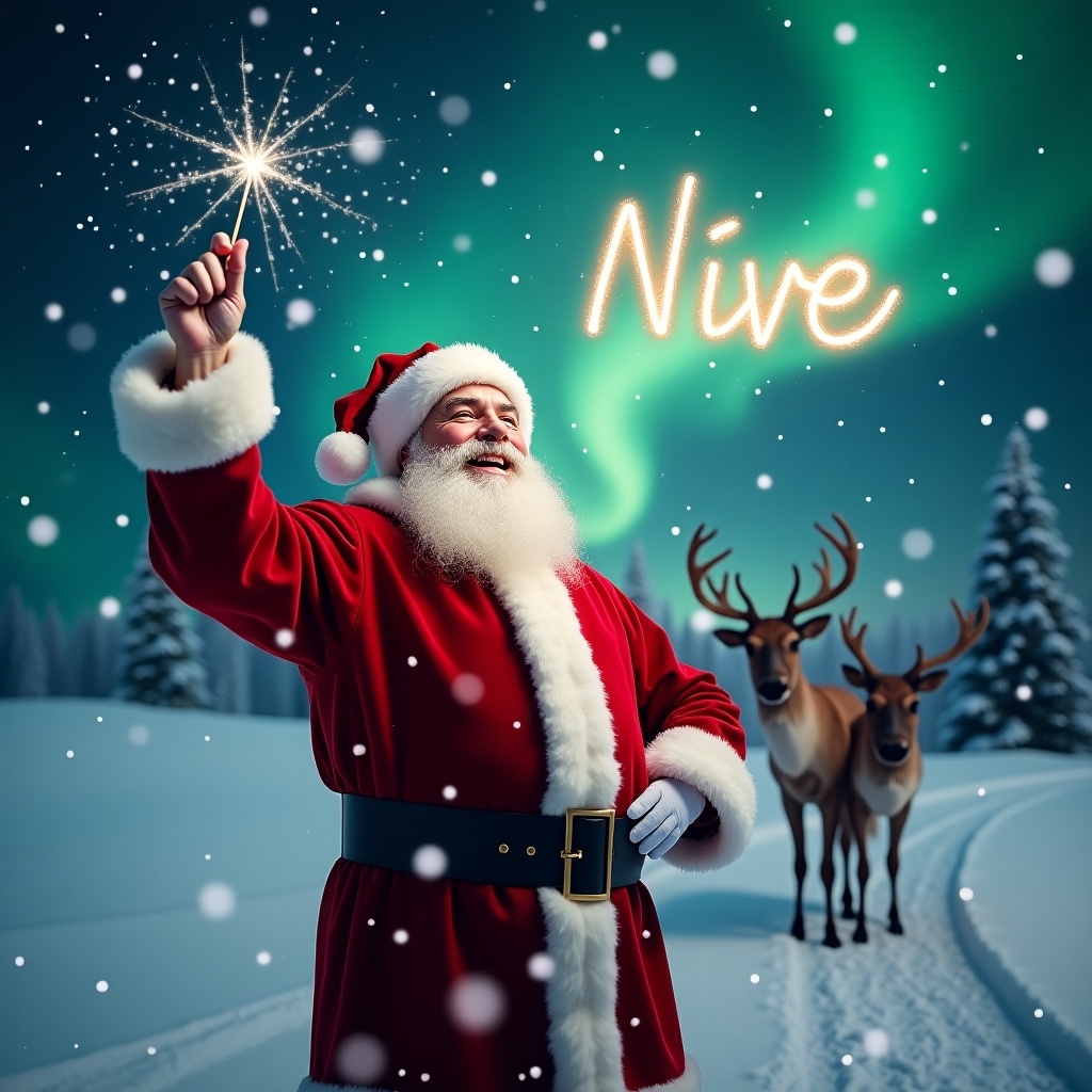 The image captures a magical moment in a winter wonderland. It features Santa Claus in his classic red suit, joyfully pointing upward. He seems to be writing the word 'Neve' in the sky with a sparkling wand. Surrounding him, snowflakes fall softly, adding to the festive feel. The enchanting northern lights create a magical backdrop, enhancing the scene's charm.