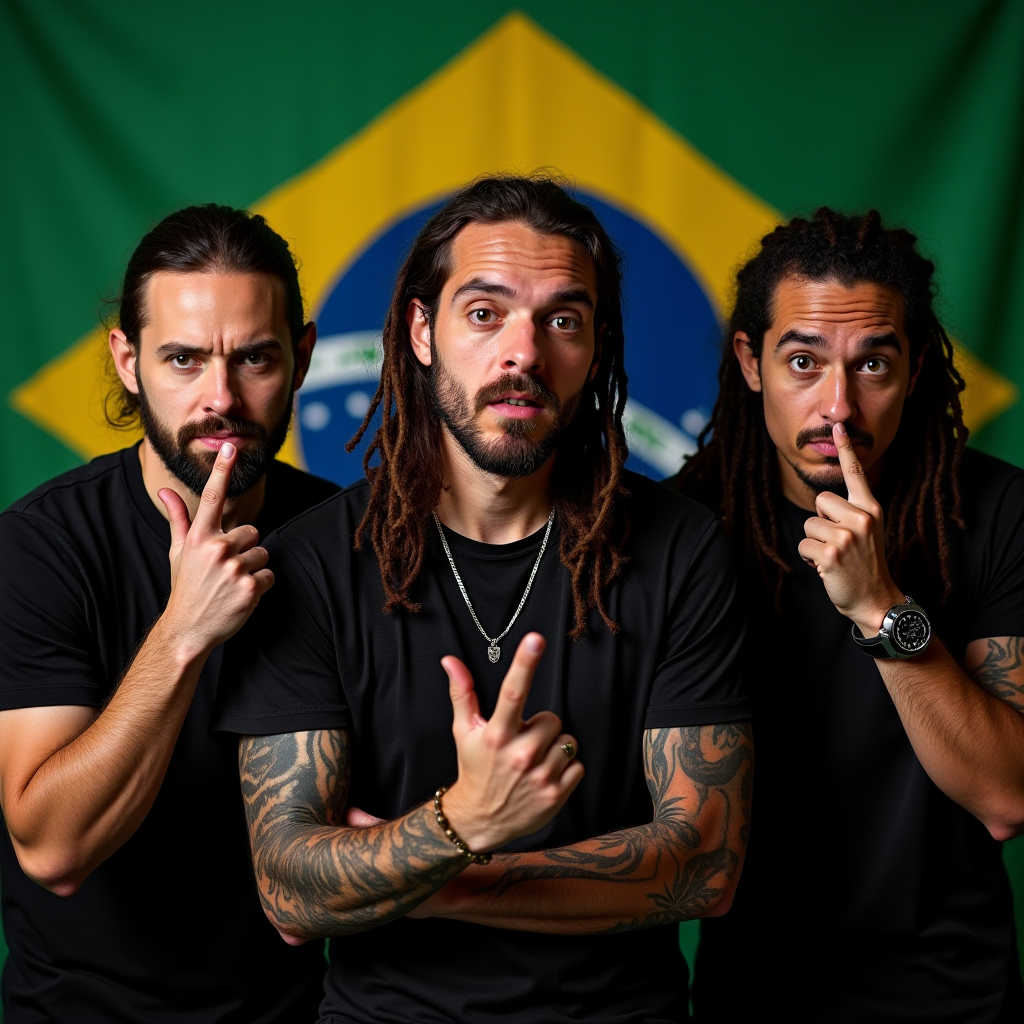 Three men with tattoos and beards pose in front of a Brazilian flag, each making a distinct facial expression and gesture.